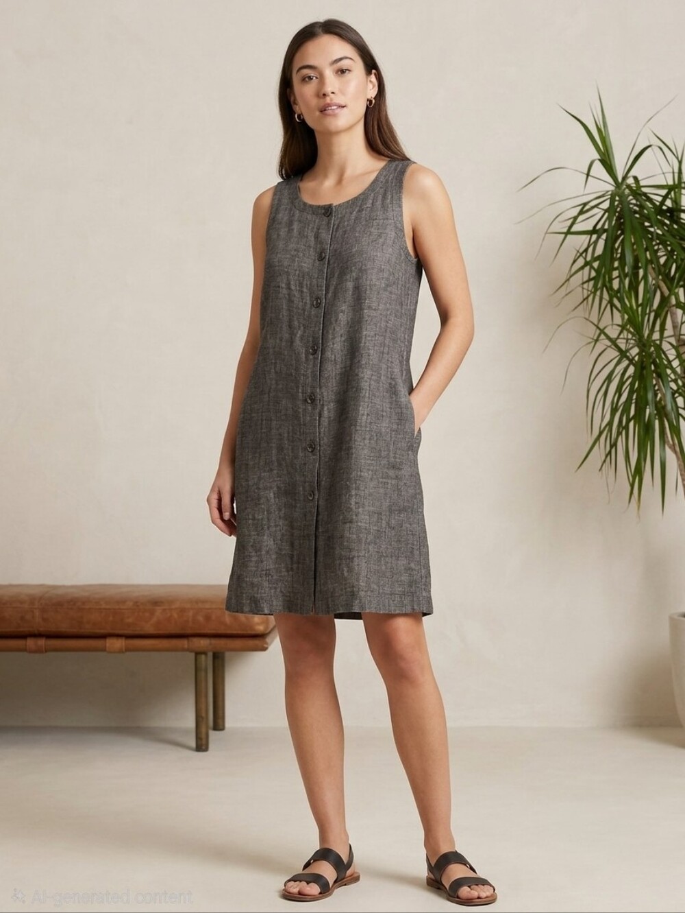 Eileen Fisher Petite 100% Linen Button-Front Shift Dress Gray PM